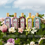 Refect Beauty collection of Gucci Flora perfume bottles featuring floral patterns surrounded by fresh garden flowers