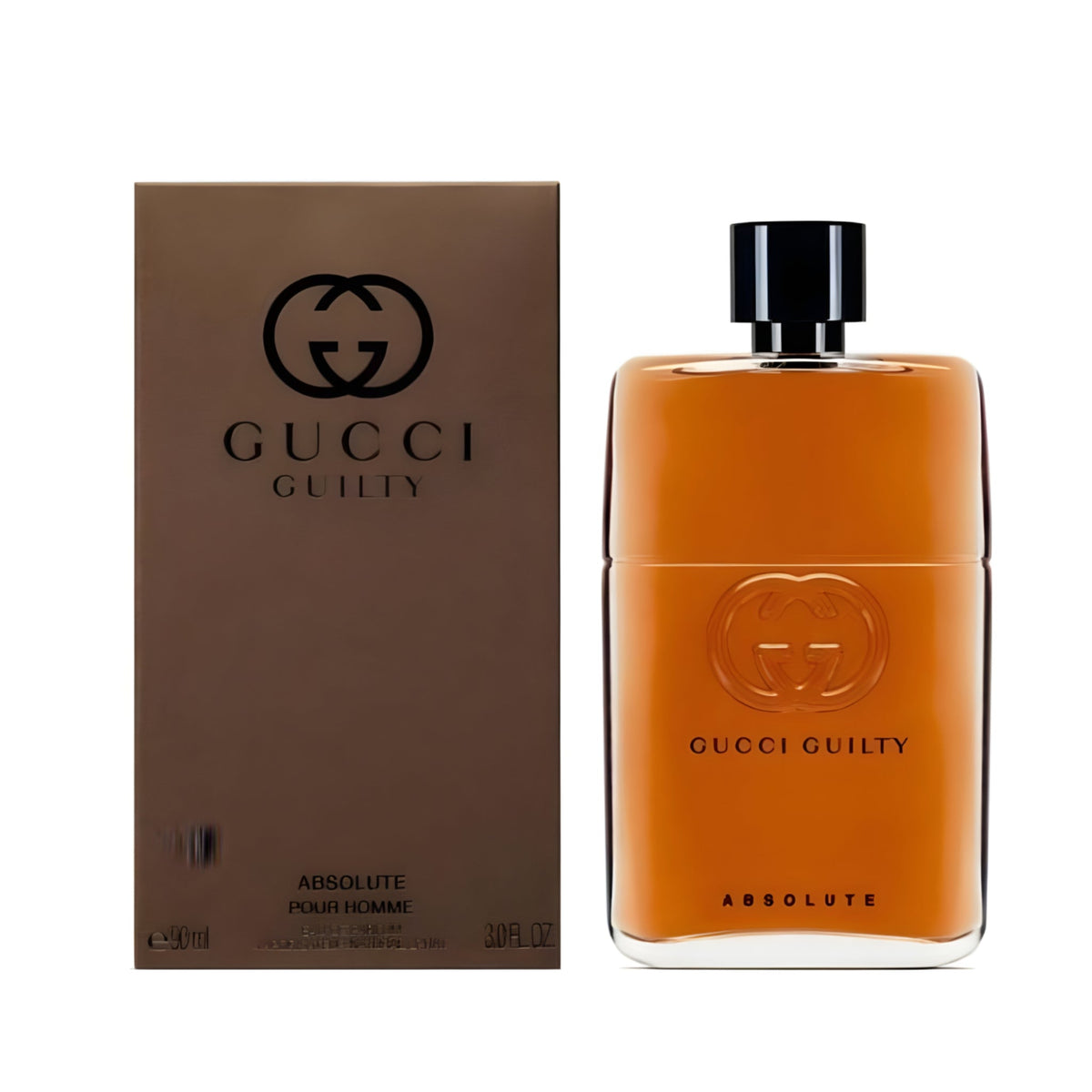 Refect Beauty Gucci Guilty Absolute Pour Homme Eau de Parfum bottle and box with dark amber liquid and black cap
