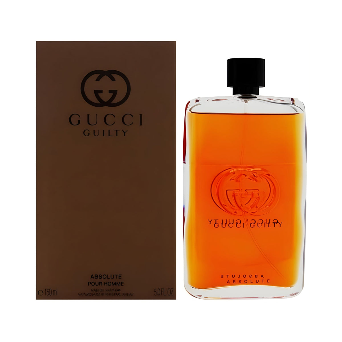 Refect Beauty Gucci Guilty Absolute Pour Homme eau de parfum bottle and brown box with woody leather fragrance