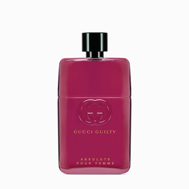 Refect Beauty Gucci Guilty Absolute Pour Femme eau de parfum in a deep berry-colored glass bottle with gold lettering.