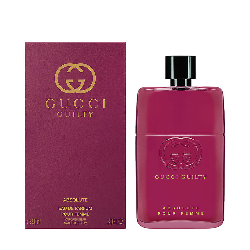 Refect Beauty Gucci Guilty Absolute Pour Femme perfume bottle and box in deep berry purple with gold logo branding