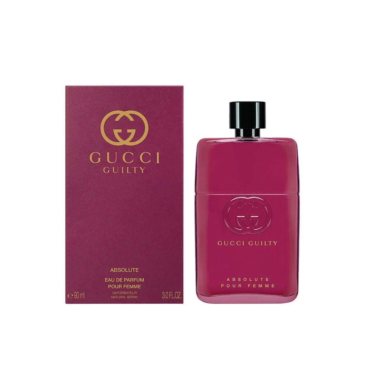 Refect Beauty Gucci Guilty Absolute Pour Femme perfume bottle and box in deep berry red with gold branding