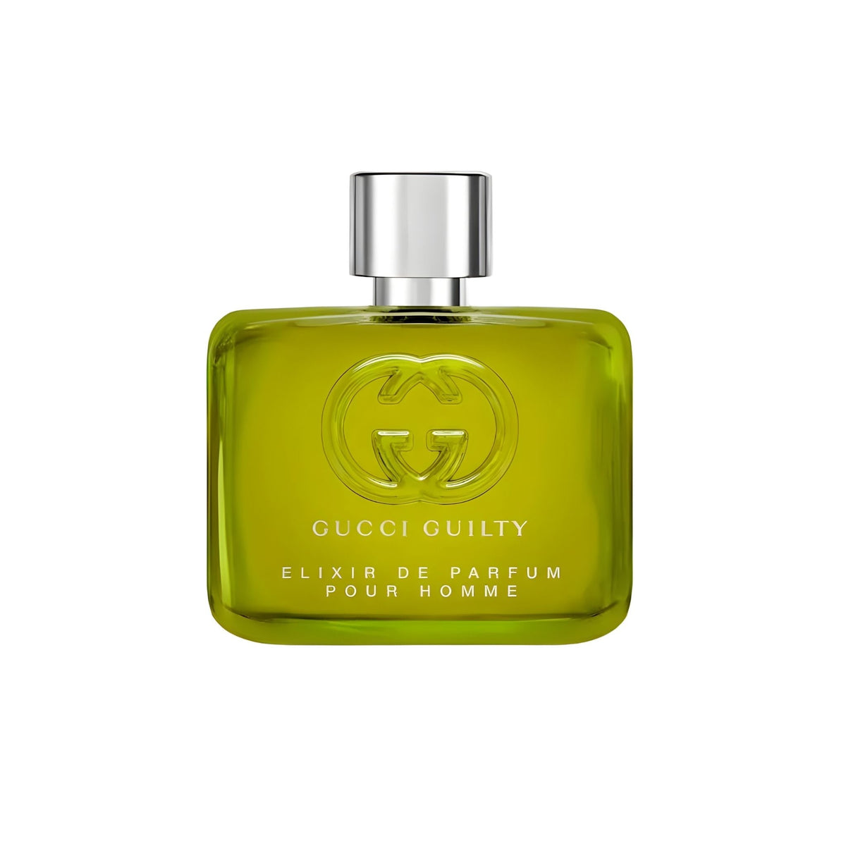 Refect Beauty Gucci Guilty Elixir de Parfum Pour Homme in a green glass bottle with a silver cap