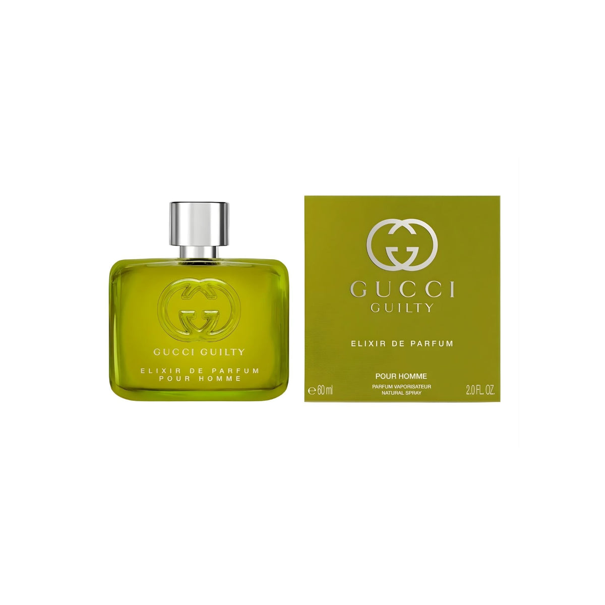 Refect Beauty Gucci Guilty Elixir de Parfum Pour Homme bottle and green box on a white background