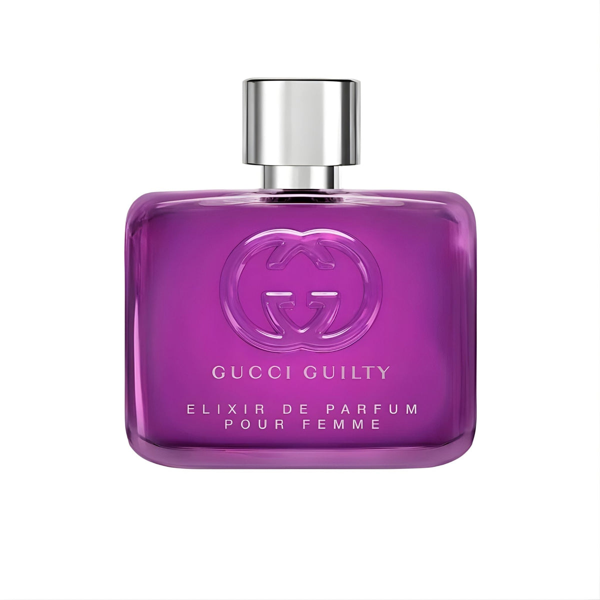 Refect Beauty Gucci Guilty Elixir de Parfum Pour Femme in a vibrant purple glass bottle with a silver cap.