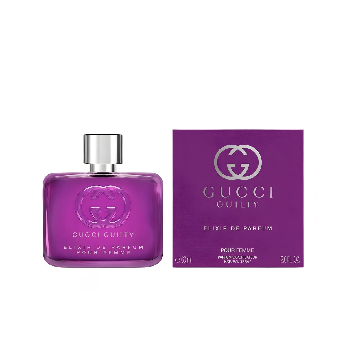 Refect Beauty Gucci Guilty Elixir de Parfum Pour Femme in a vibrant purple glass bottle with matching box packaging.