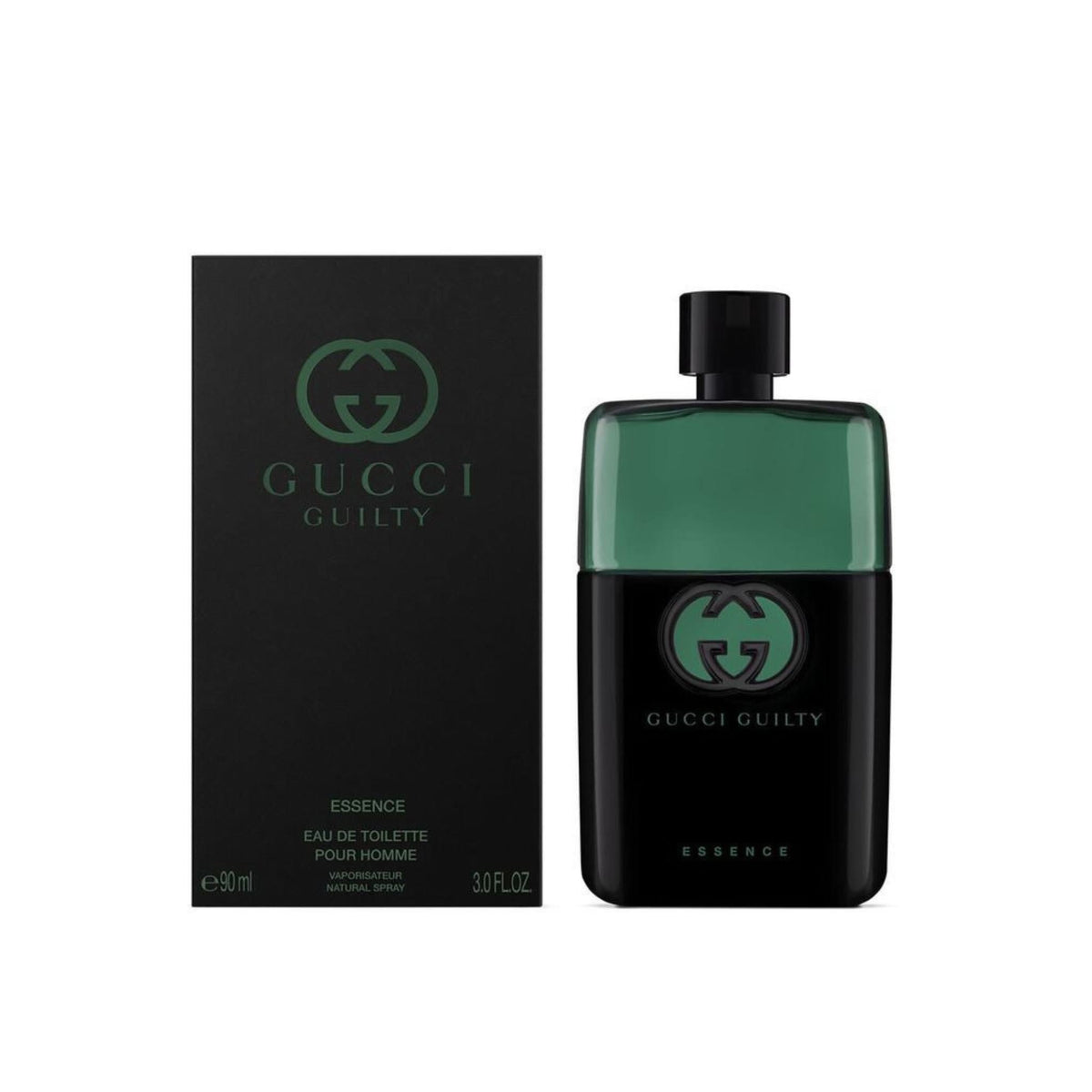 Refect Beauty Gucci Guilty Essence Pour Homme eau de toilette bottle and black box with green logo accents
