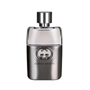 Refect Beauty Gucci Guilty Pour Homme Eau de Toilette in a sleek metallic silver bottle with the iconic logo.
