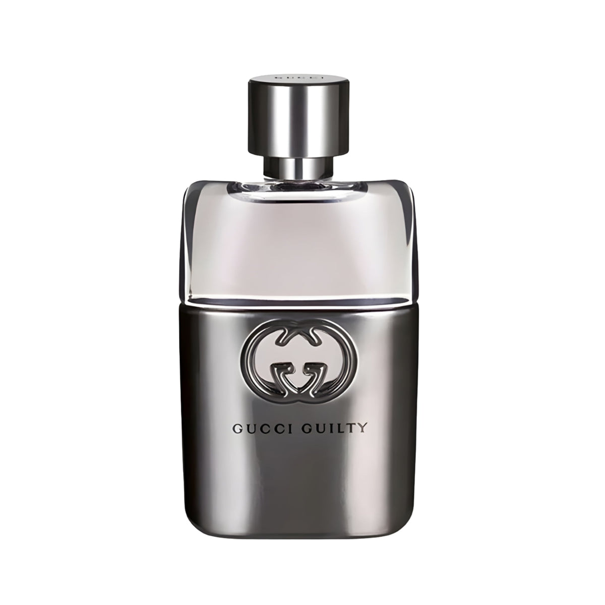 Refect Beauty Gucci Guilty Pour Homme Eau de Toilette in a sleek metallic silver bottle with the iconic logo.