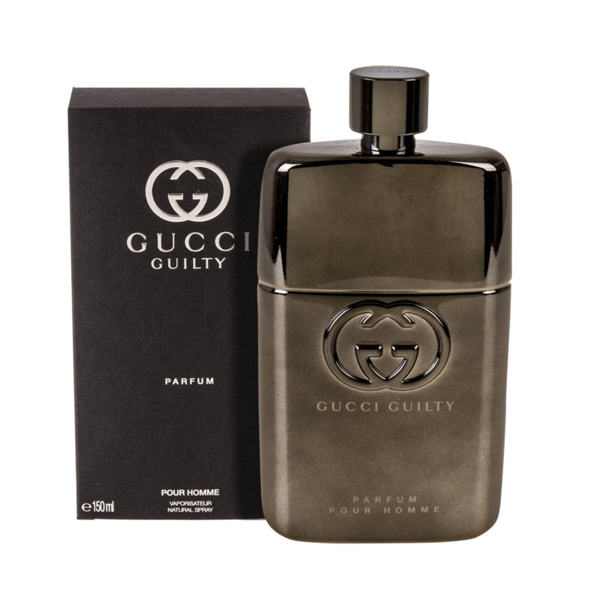 Refect Beauty Gucci Guilty Pour Homme Parfum 150ml bottle and black box packaging with metallic gunmetal finish