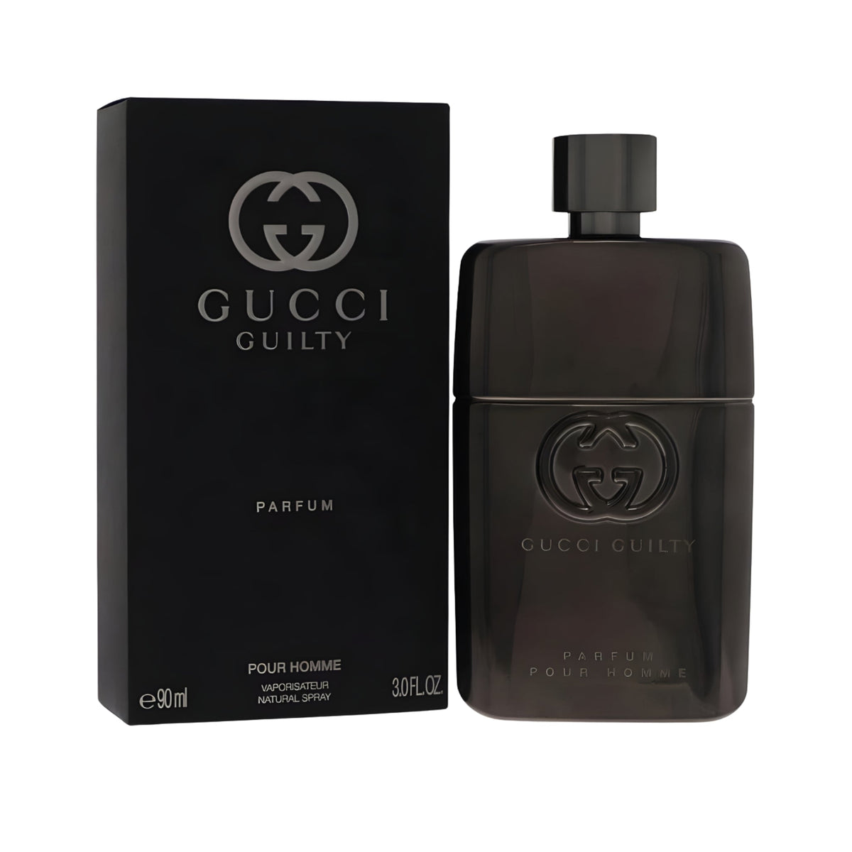 Refect Beauty Gucci Guilty Pour Homme Parfum bottle and black box packaging featuring the iconic Gucci logo