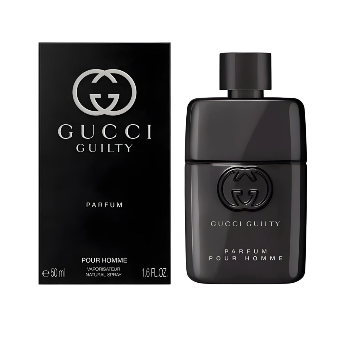 Refect Beauty Gucci Guilty Pour Homme Parfum 50ml bottle and black box packaging with iconic logo