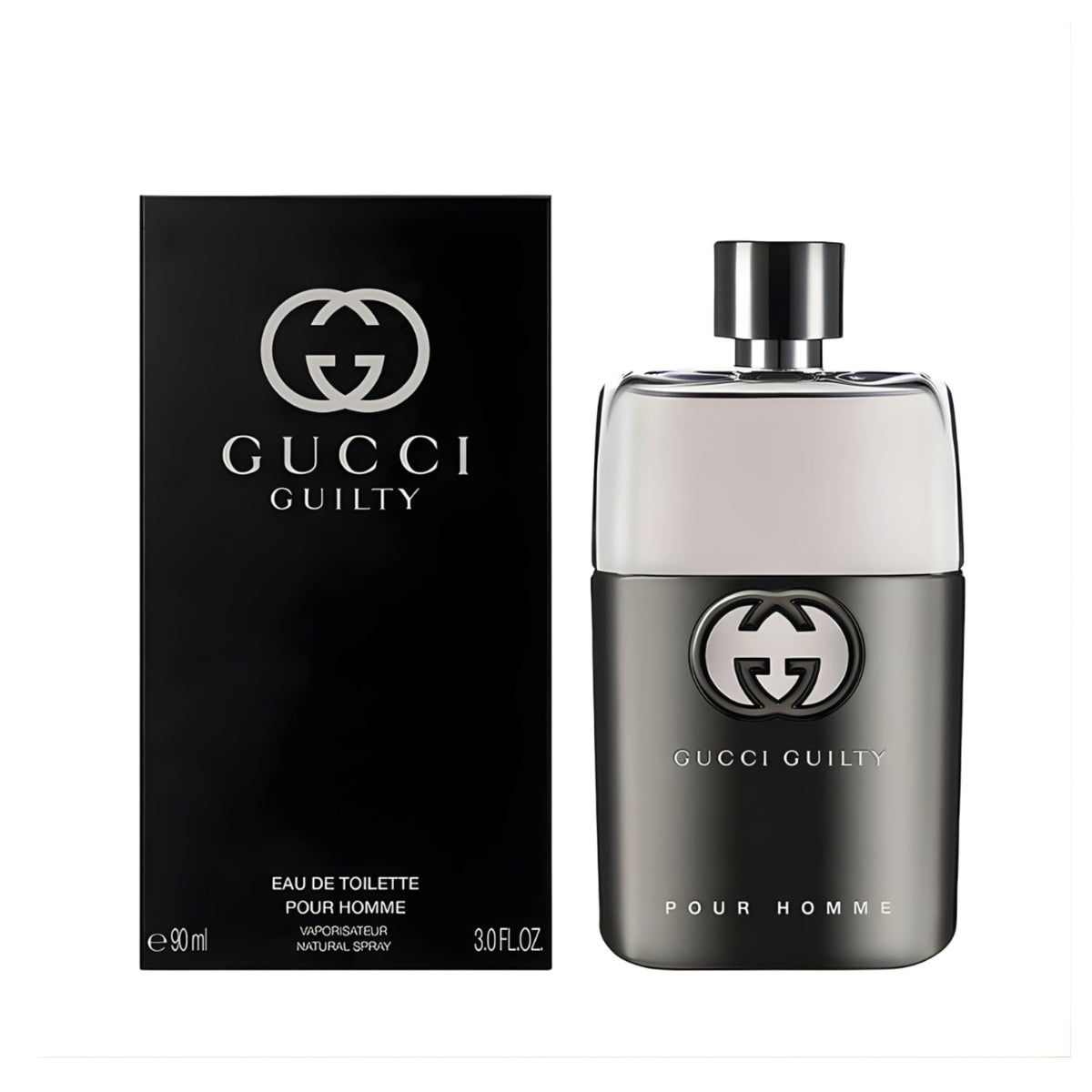 Refect Beauty Gucci Guilty Pour Homme Eau de Toilette bottle and black box packaging featuring iconic logo