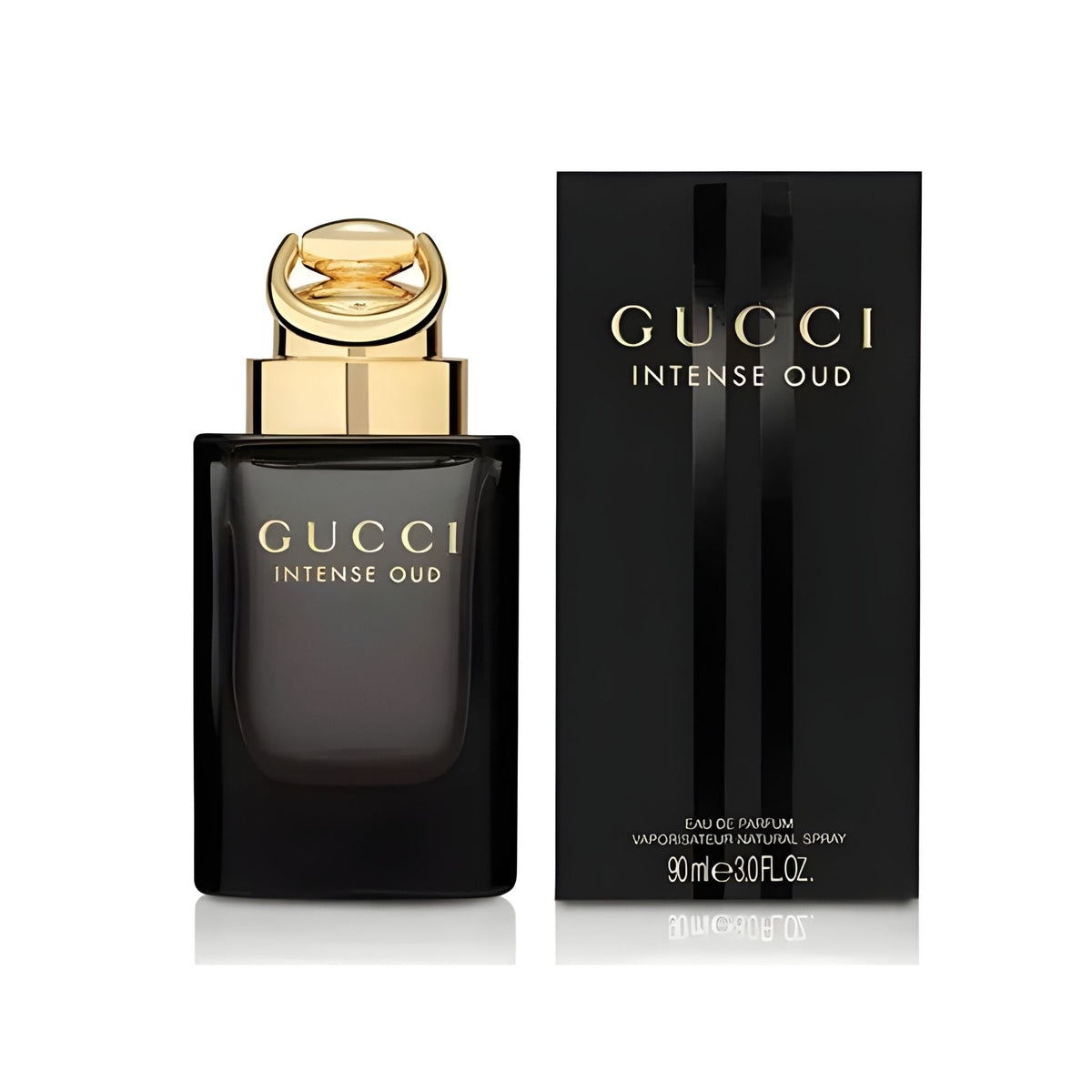 Refect Beauty Gucci Intense Oud Eau de Parfum in a dark translucent bottle with a gold cap next to its black box.
