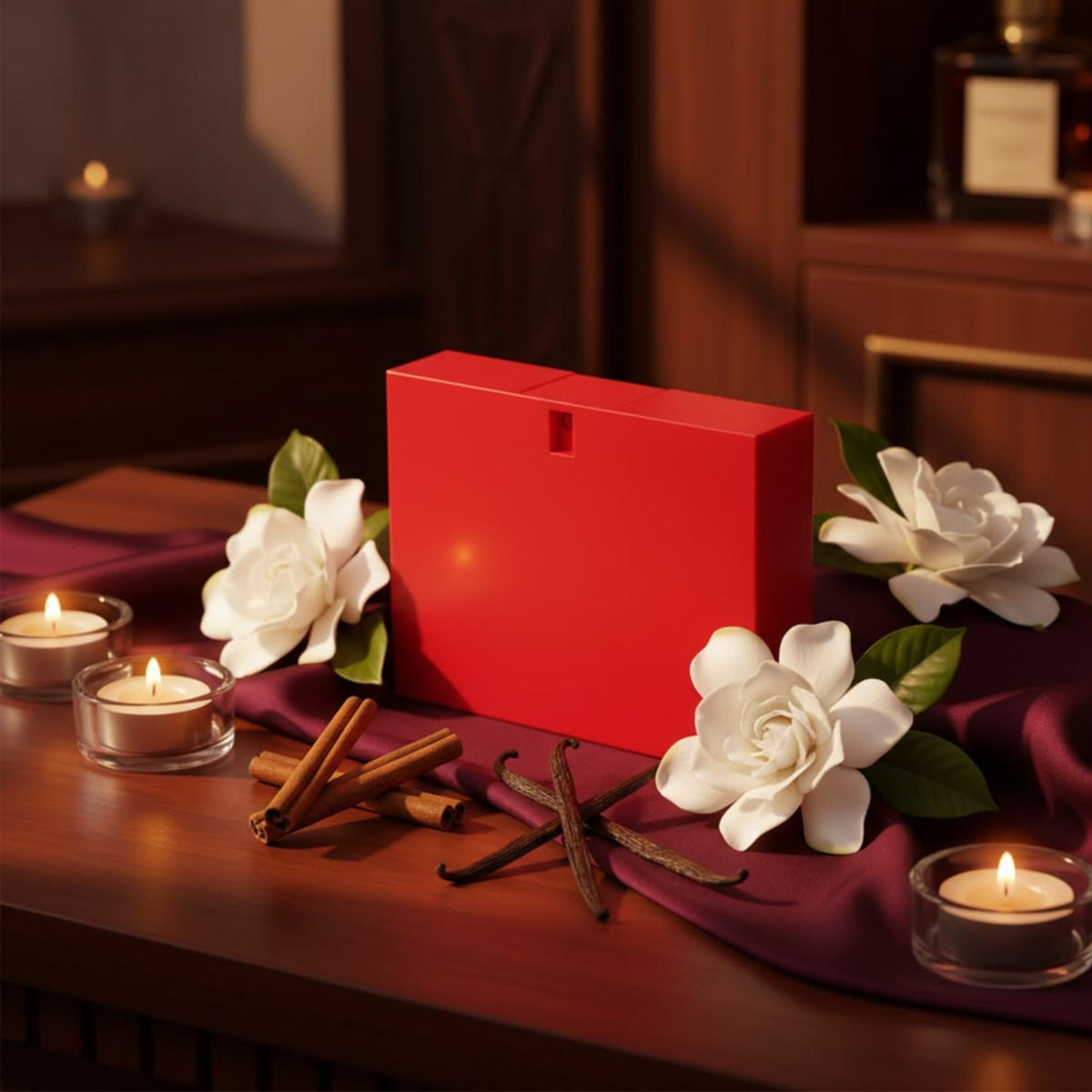 Refect Beauty Gucci Rush Eau de Toilette in a bold red rectangular bottle surrounded by gardenias and candles.