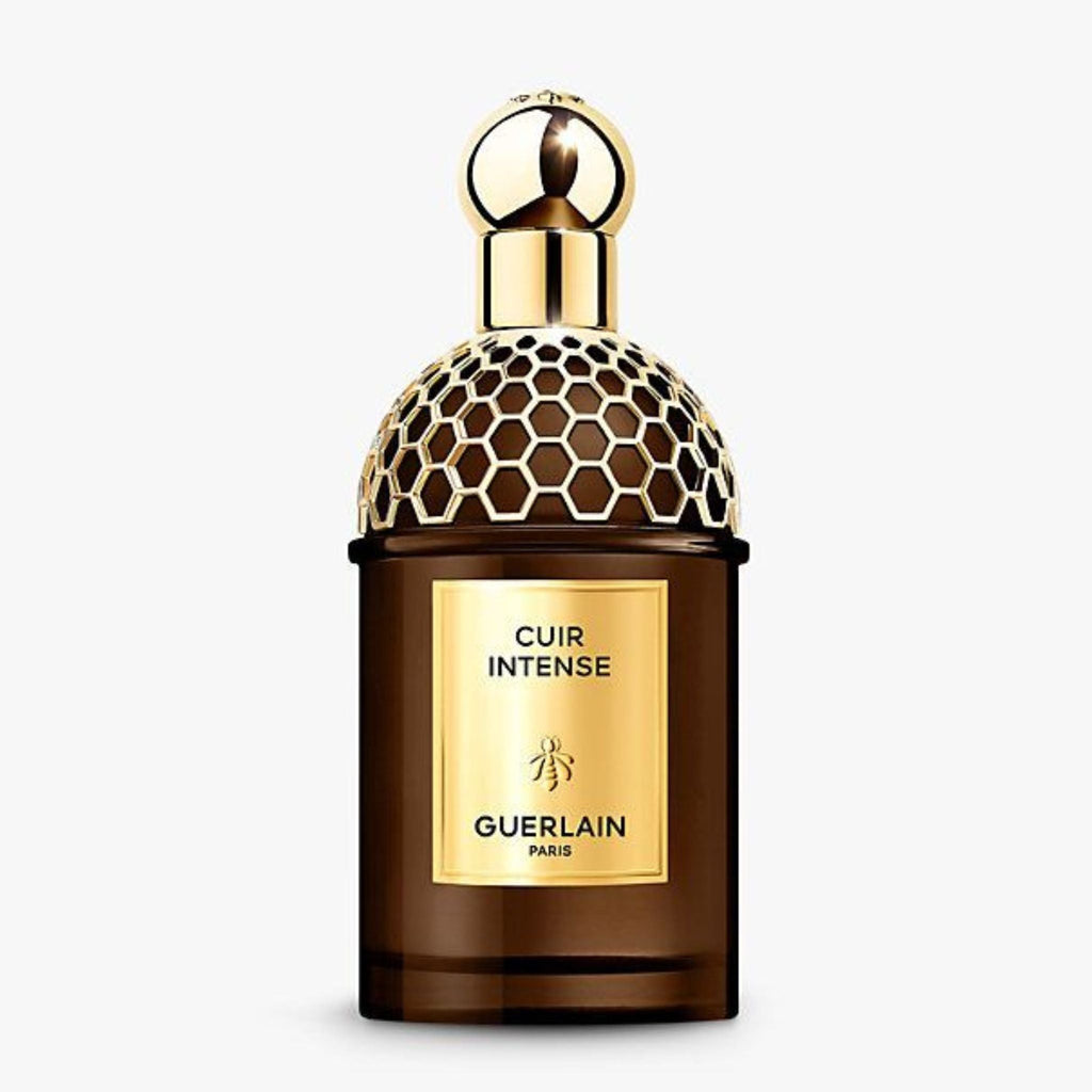 Refect Beauty Guerlain Absolus Allegoria Cuir Intense perfume bottle with gold honeycomb cap and dark glass base.