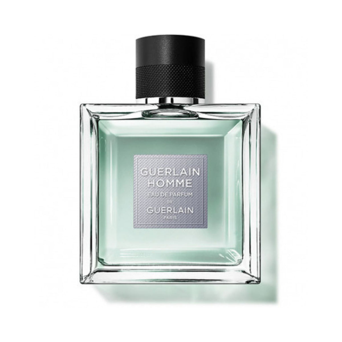 Refect Beauty Guerlain Homme Eau de Parfum in a clear glass bottle with a black cap and pale green fragrance liquid.