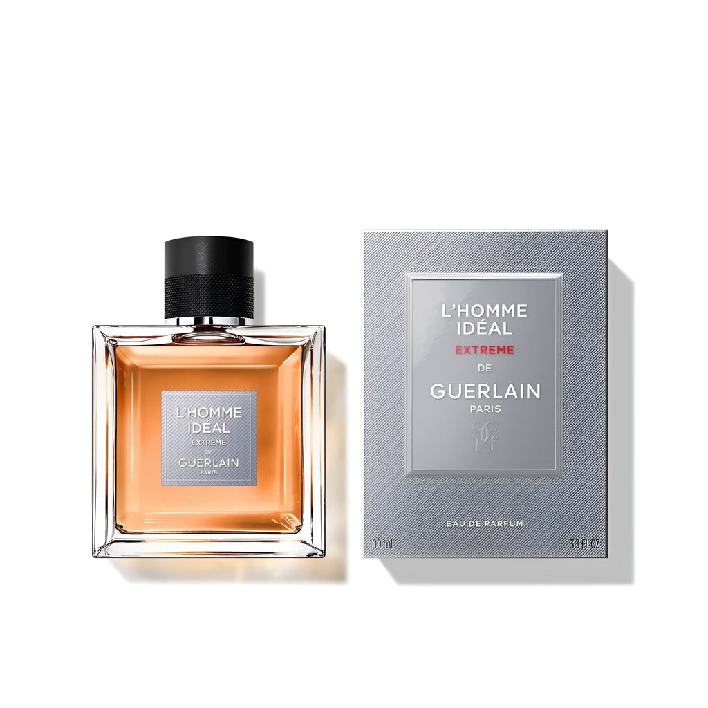 Refect Beauty Guerlain L'Homme Idéal Extrême Eau de Parfum bottle and silver box packaging on a white background.