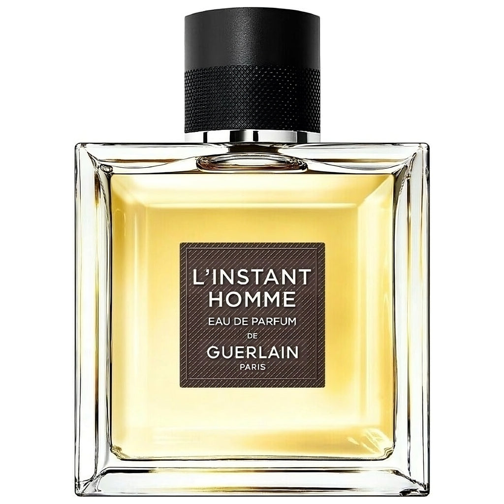 Refect Beauty Guerlain L'instant Homme Eau de Parfum in a square glass bottle with a black textured cap.
