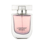 Refect Beauty Guerlain L’Instant Magic Eau de Parfum in a clear glass bottle with soft pink liquid and elegant cap.
