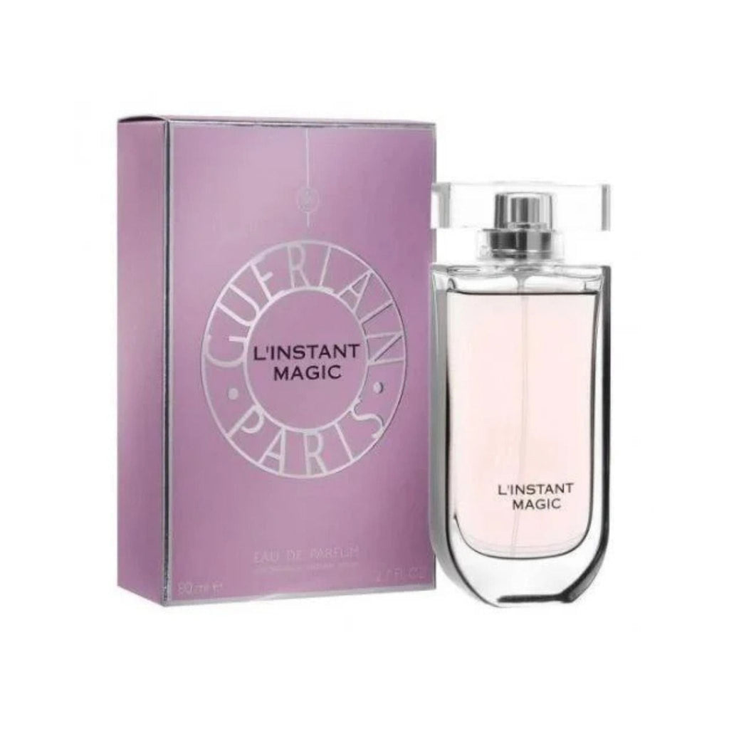 Refect Beauty Guerlain L’Instant Magic Eau de Parfum bottle and its elegant purple box packaging.