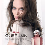 Refect Beauty advertisement featuring Angelina Jolie for Guerlain Mon Guerlain Eau de Parfum Intense fragrance bottle