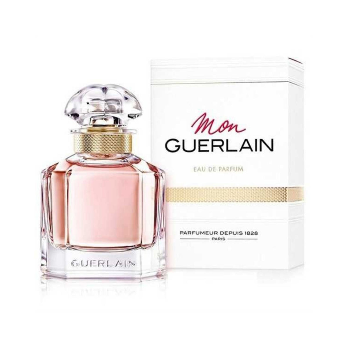 Refect Beauty Guerlain Mon Guerlain Eau de Parfum bottle with its matching white box featuring elegant gold accents.