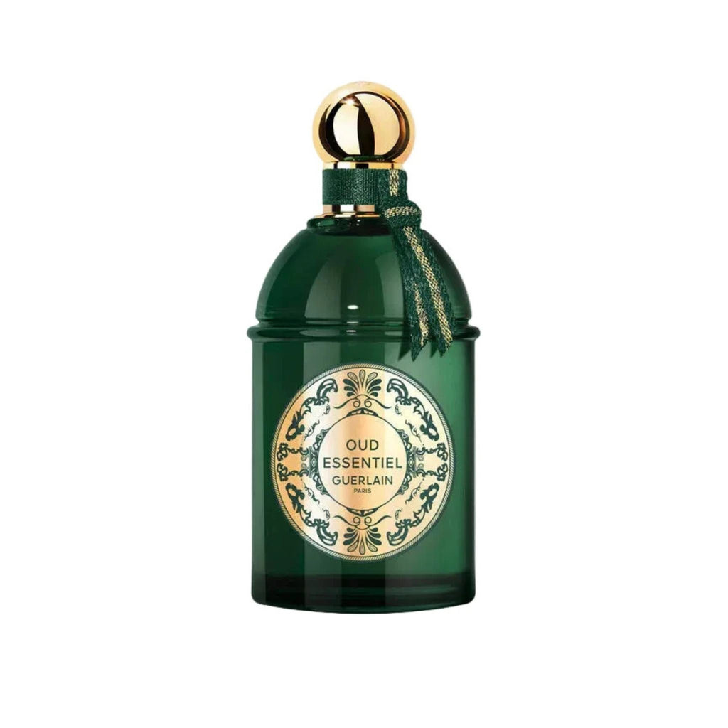 Refect Beauty Guerlain Oud Essentiel Eau de Parfum in a dark green glass bottle with a gold cap and decorative label.