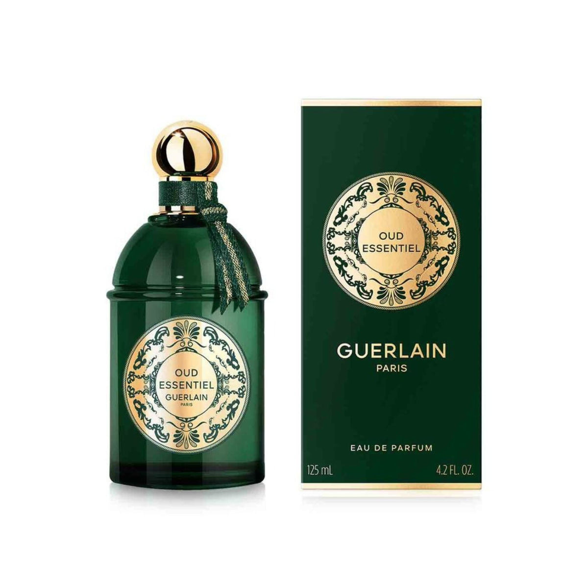 Refect Beauty Guerlain Oud Essentiel Eau de Parfum in a dark green glass bottle with gold accents and matching box