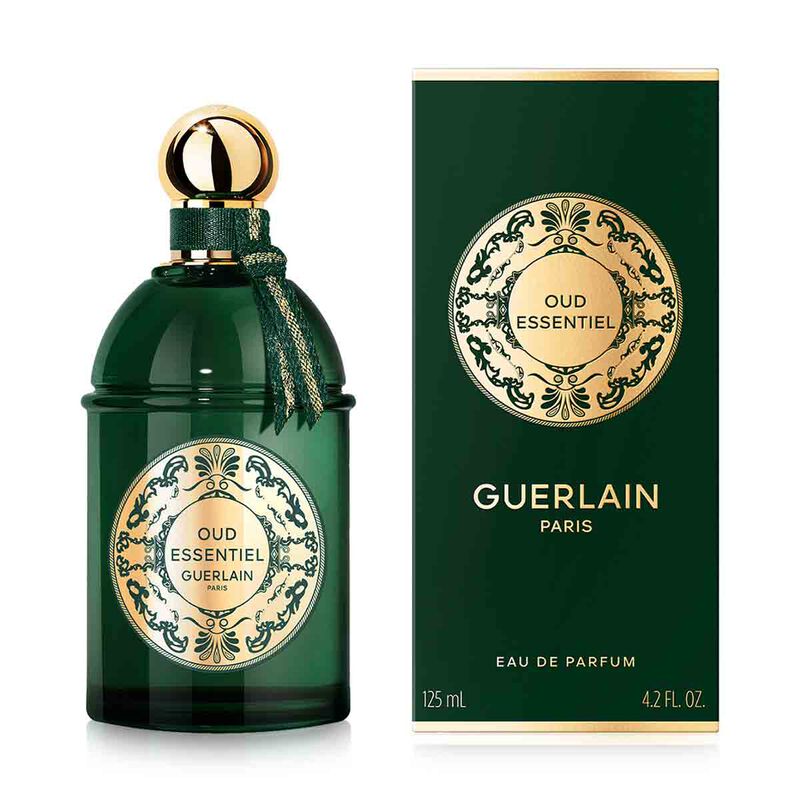 Refect Beauty Guerlain Oud Essentiel Eau de Parfum bottle and box with green glass and gold accents