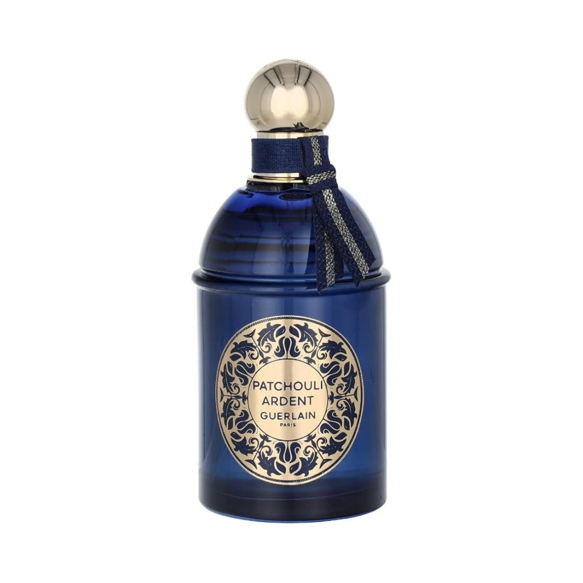 Refect Beauty Guerlain Patchouli Ardent Eau de Parfum in a deep blue glass bottle with a gold ornate label and cap.