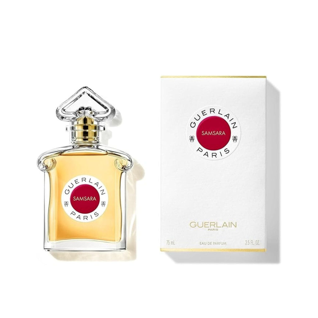 Refect Beauty Guerlain Samsara Eau de Parfum bottle and white box packaging featuring a red circular logo
