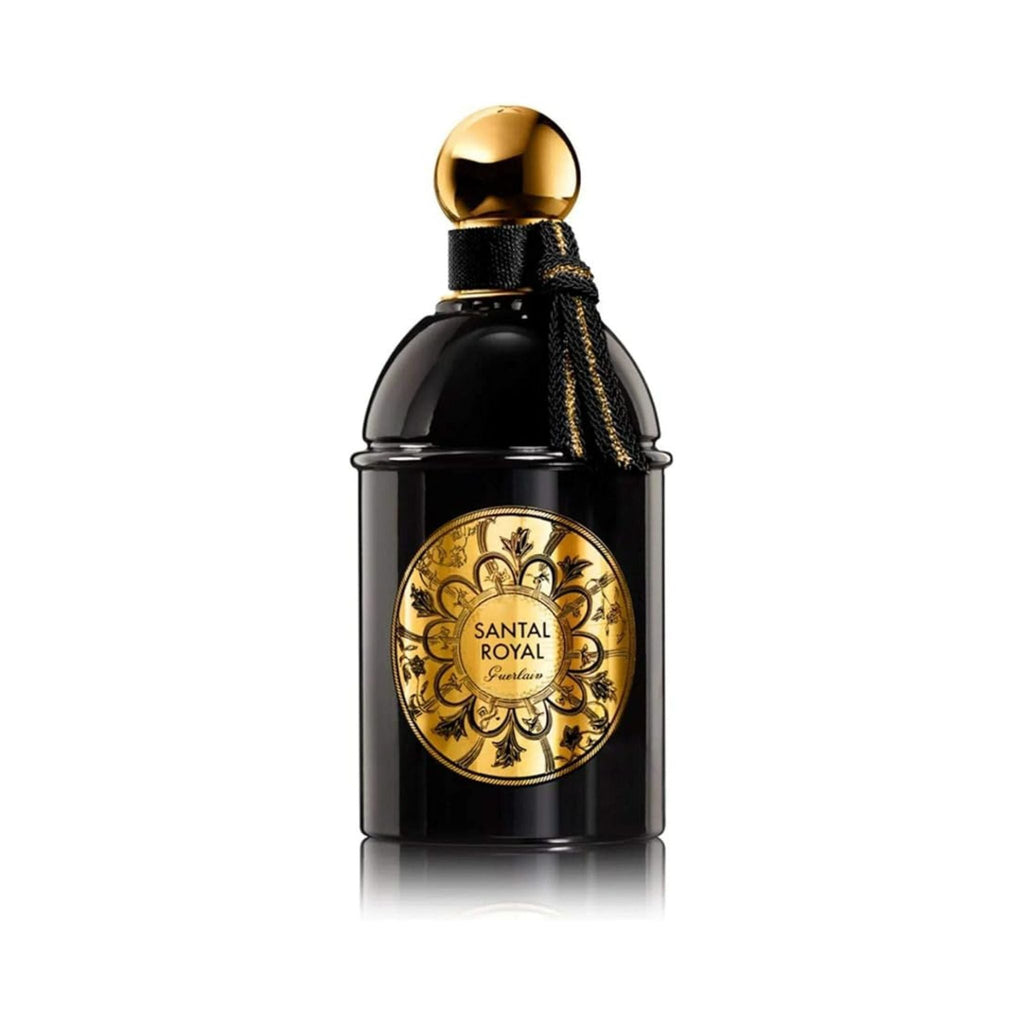 Refect Beauty Guerlain Santal Royal Eau de Parfum in a sleek black bottle with a gold label and decorative tassel.