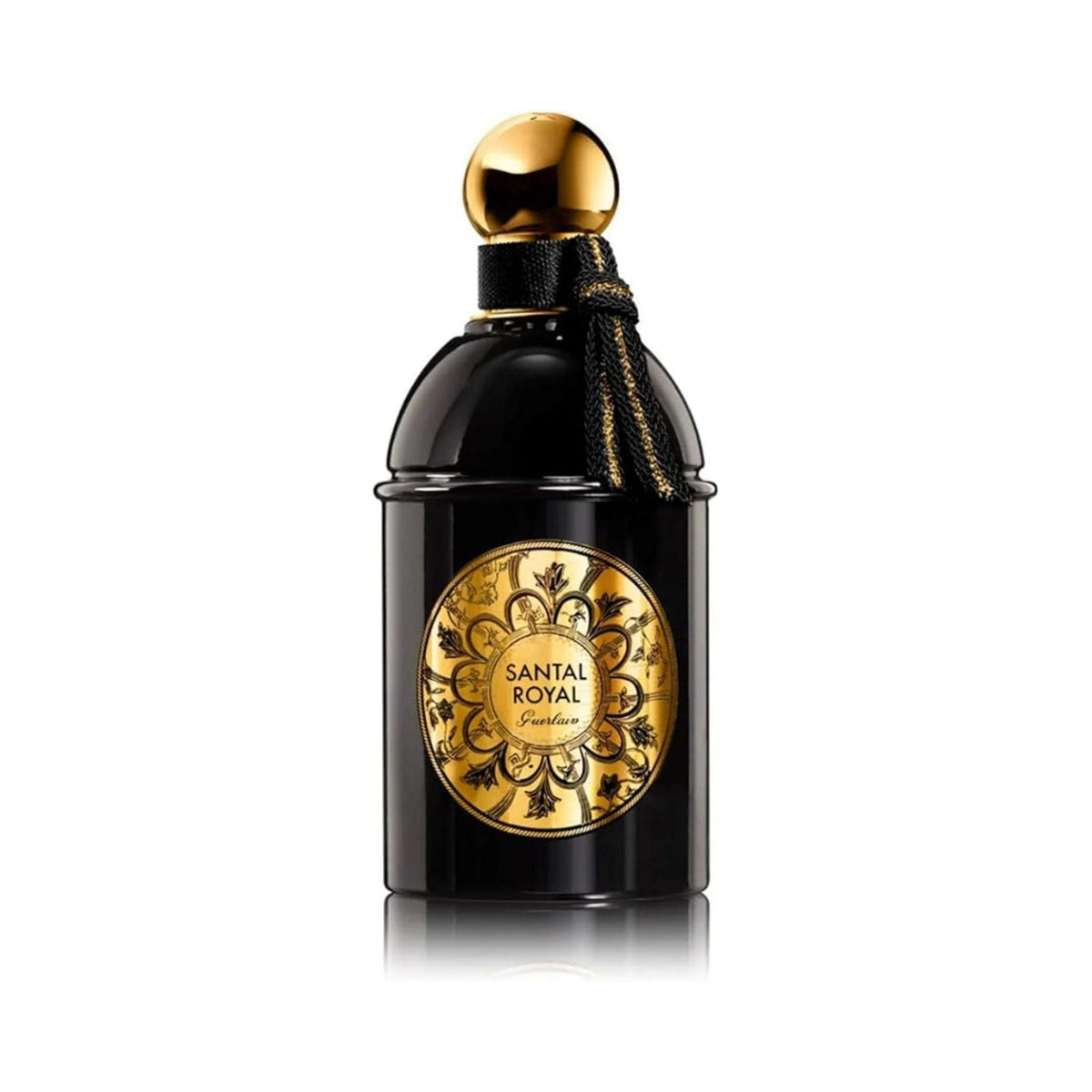 Refect Beauty Guerlain Santal Royal Eau de Parfum in a sleek black bottle with a gold label and decorative tassel.