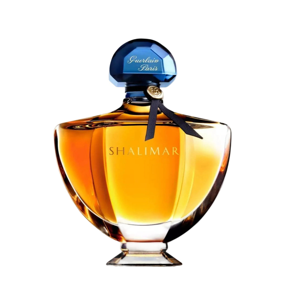Refect Beauty Guerlain Shalimar Eau de Parfum in a classic glass bottle with a blue stopper and black ribbon.