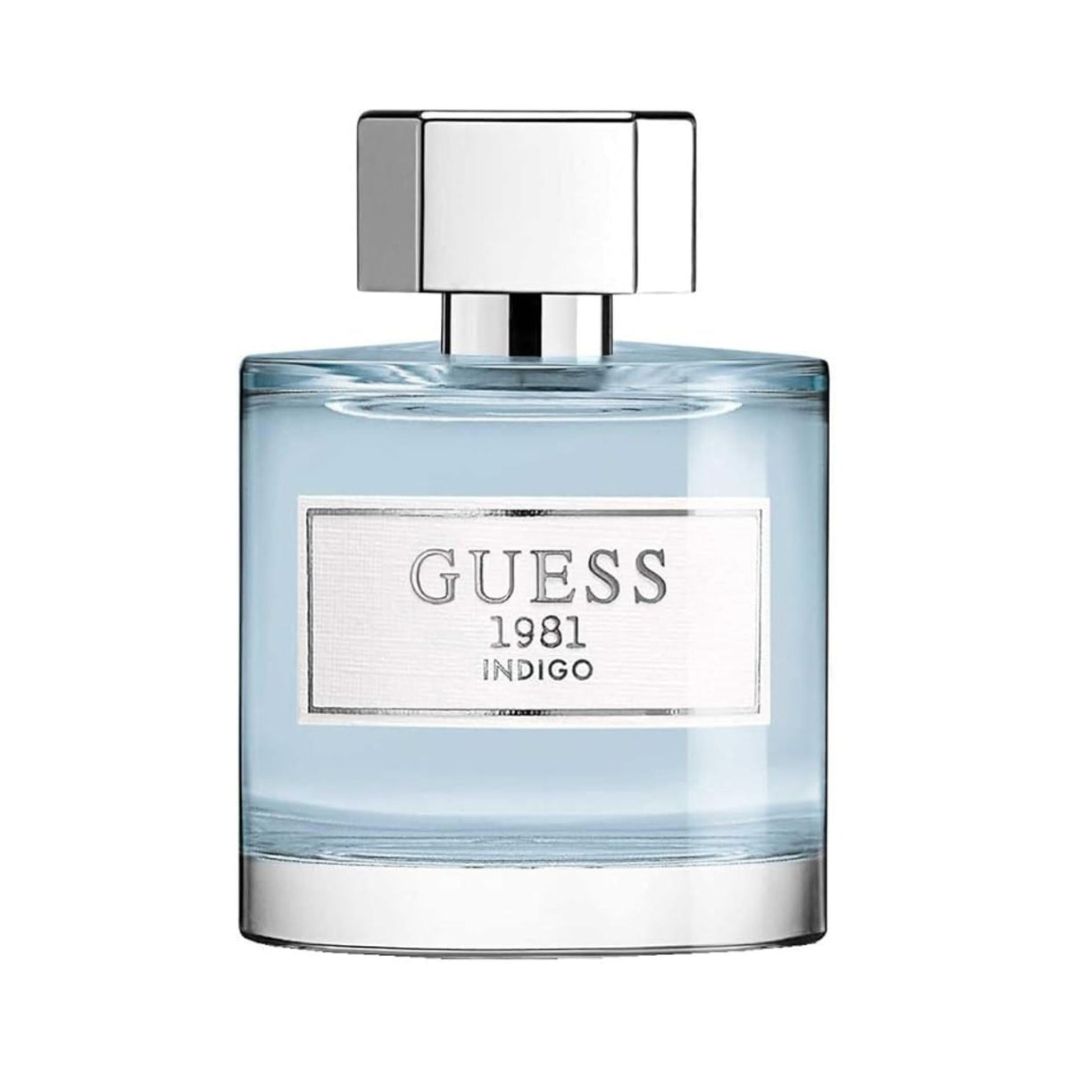 Refect Beauty Guess 1981 Indigo Eau de Toilette in a clear glass bottle with a silver cap and light blue fragrance.