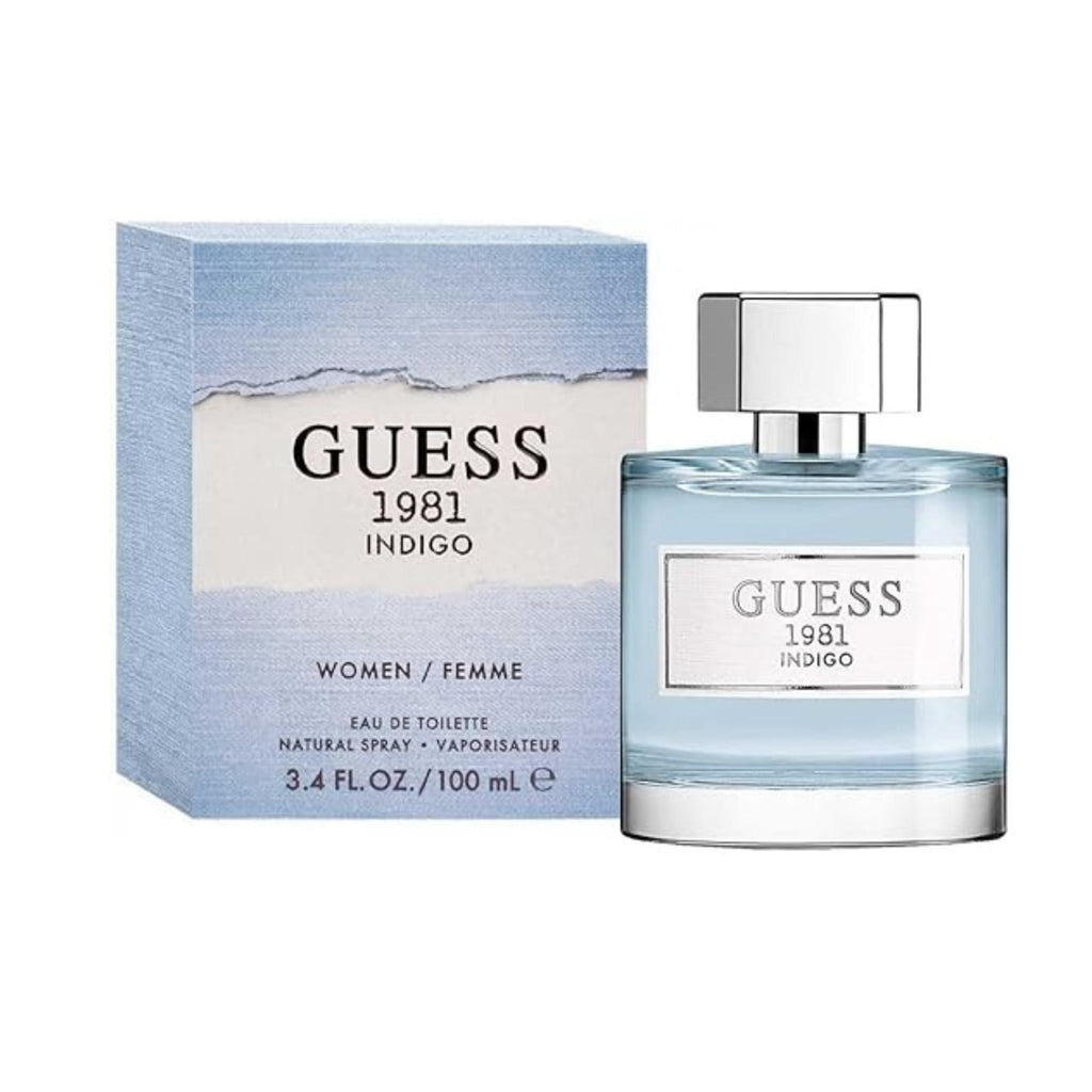 Refect Beauty Guess 1981 Indigo Eau de Toilette perfume bottle and box with light blue and white textured design