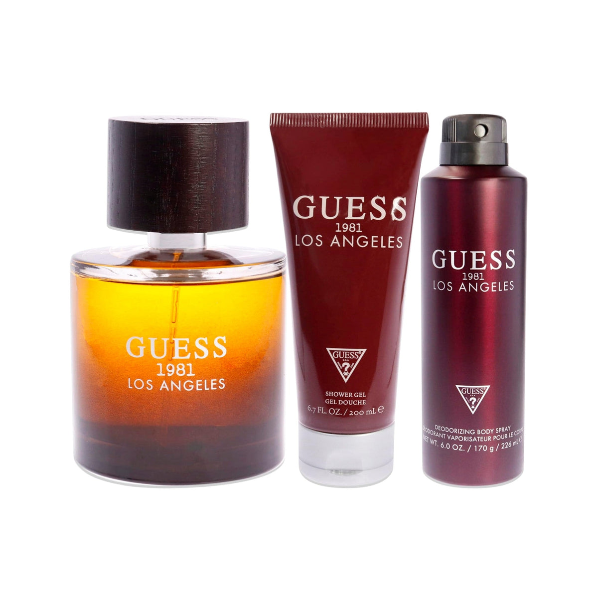 Refect Beauty Guess 1981 Los Angeles men's gift set featuring amber fragrance, shower gel, and deodorant body spray.