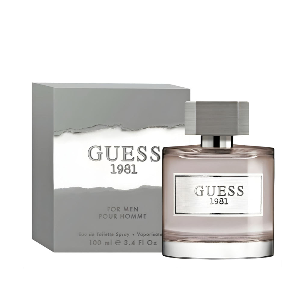 Refect Beauty Guess 1981 for Men Eau De Toilette bottle and grey box packaging with a modern woody aromatic scent.