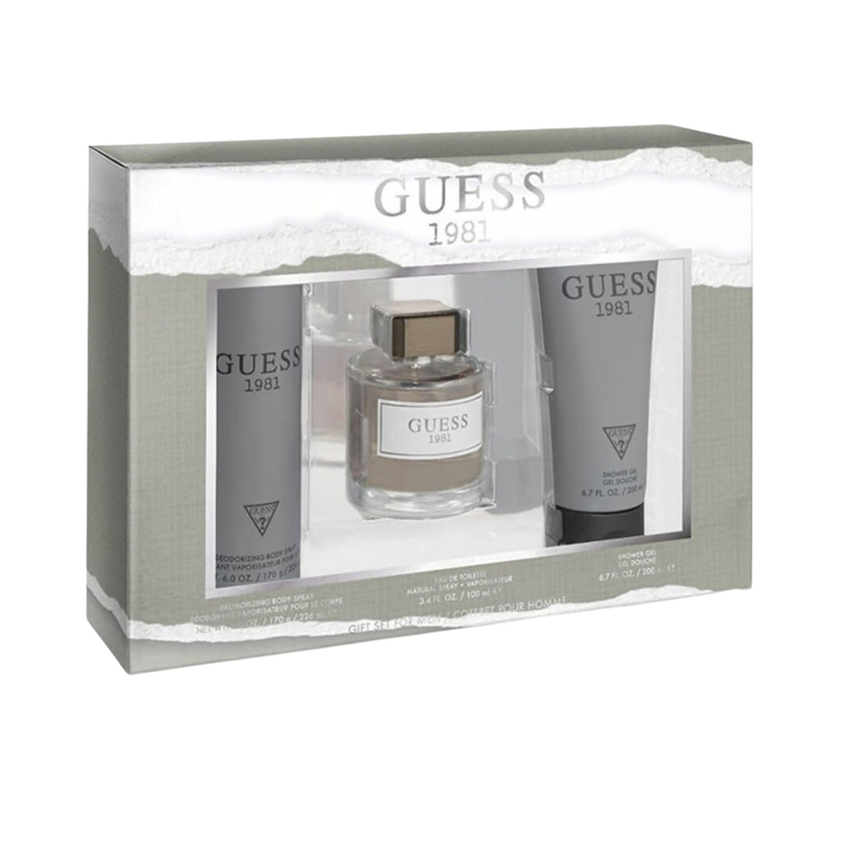 Refect Beauty Guess 1981 for Men gift set featuring eau de toilette, shower gel, and deodorant body spray in a box.
