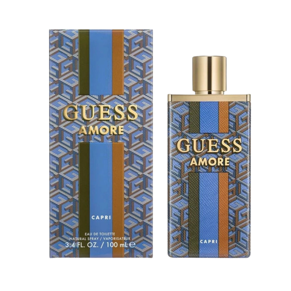 Refect Beauty Guess Amore Capri unisex eau de toilette 100ml bottle with matching patterned box featuring blue and gold