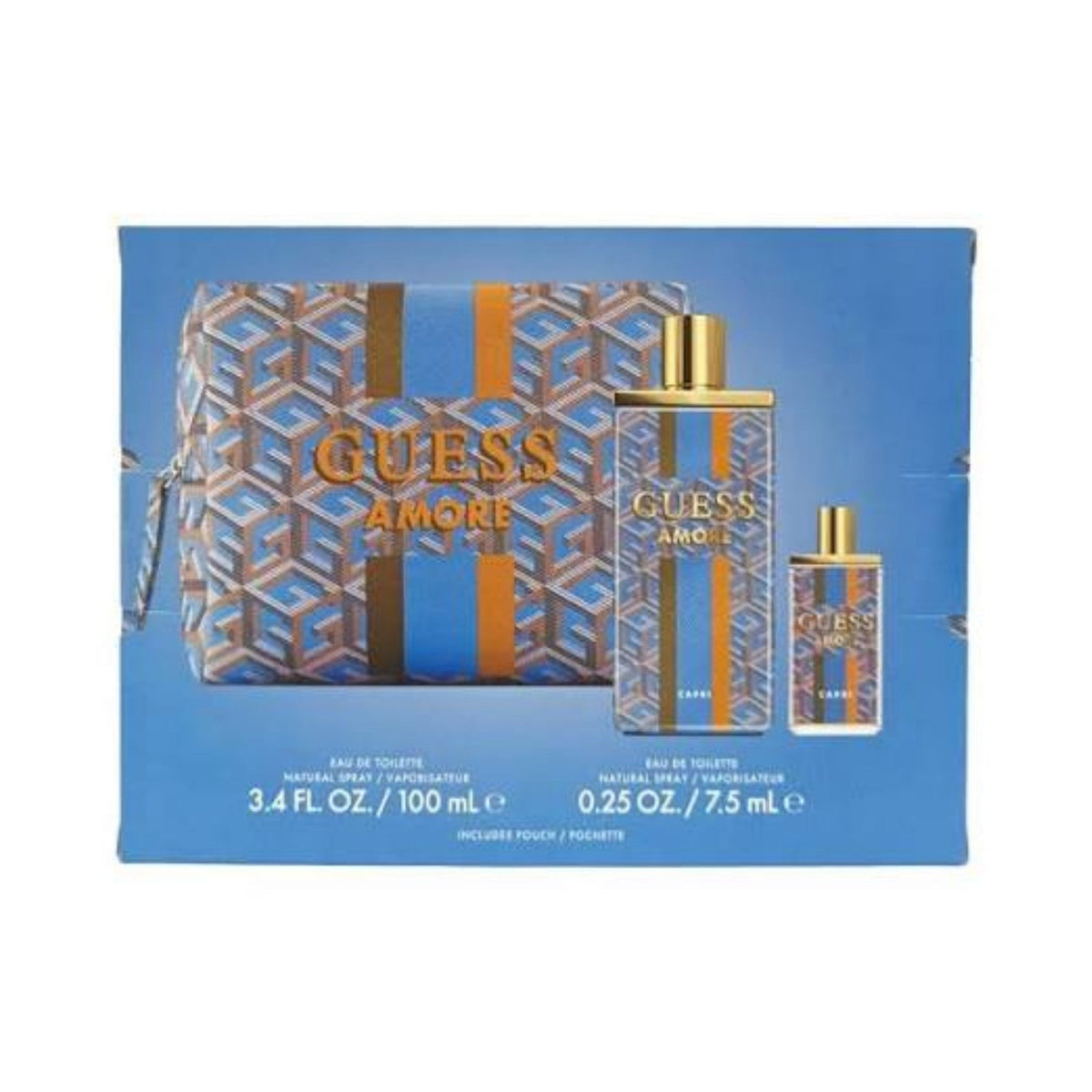 Refect Beauty Guess Amore Capri unisex fragrance gift set with 100ml perfume, 7.5ml travel spray, and cosmetic bag.