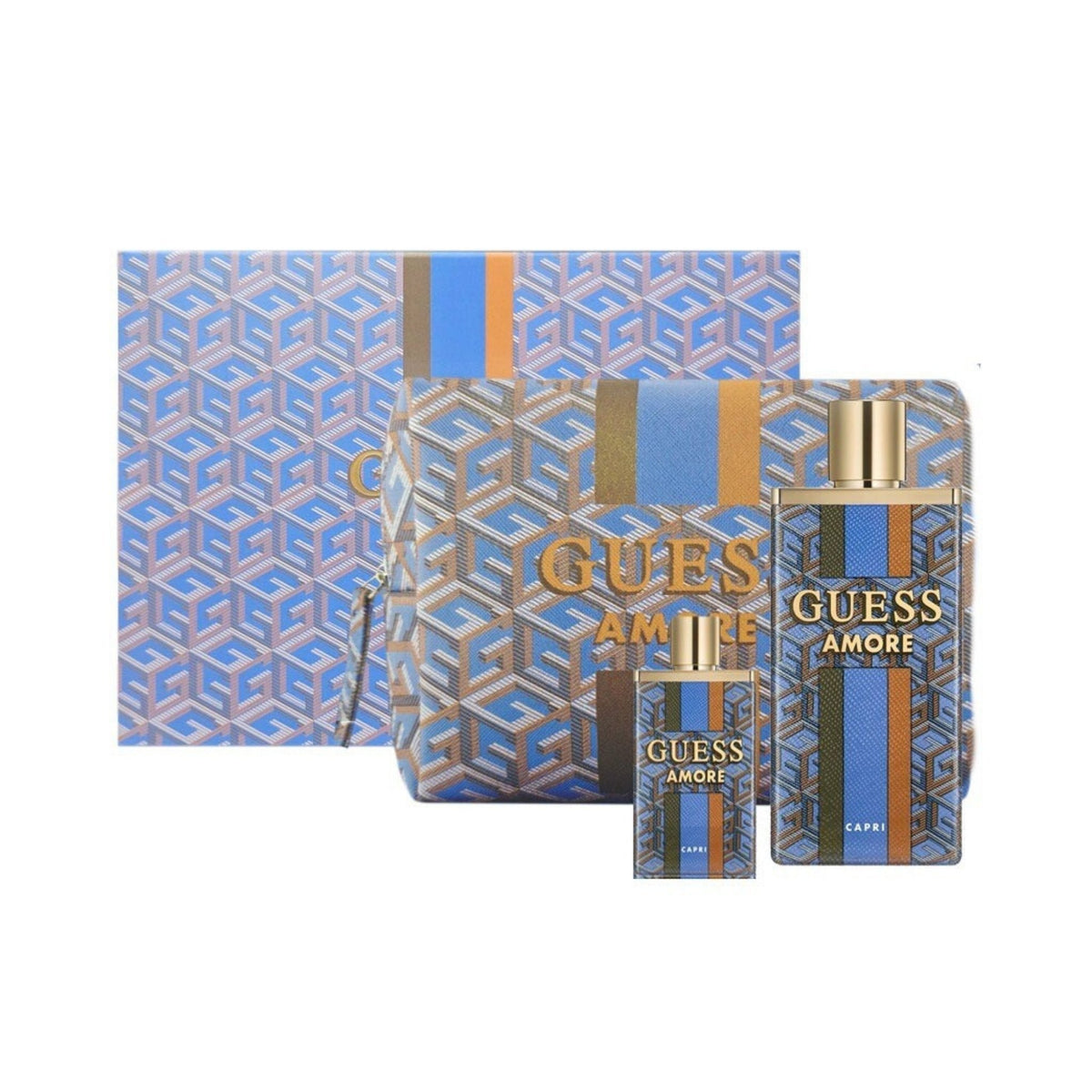 Refect Beauty Guess Amore Capri unisex gift set featuring a 100ml perfume, 7.5ml travel spray, and patterned pouch.