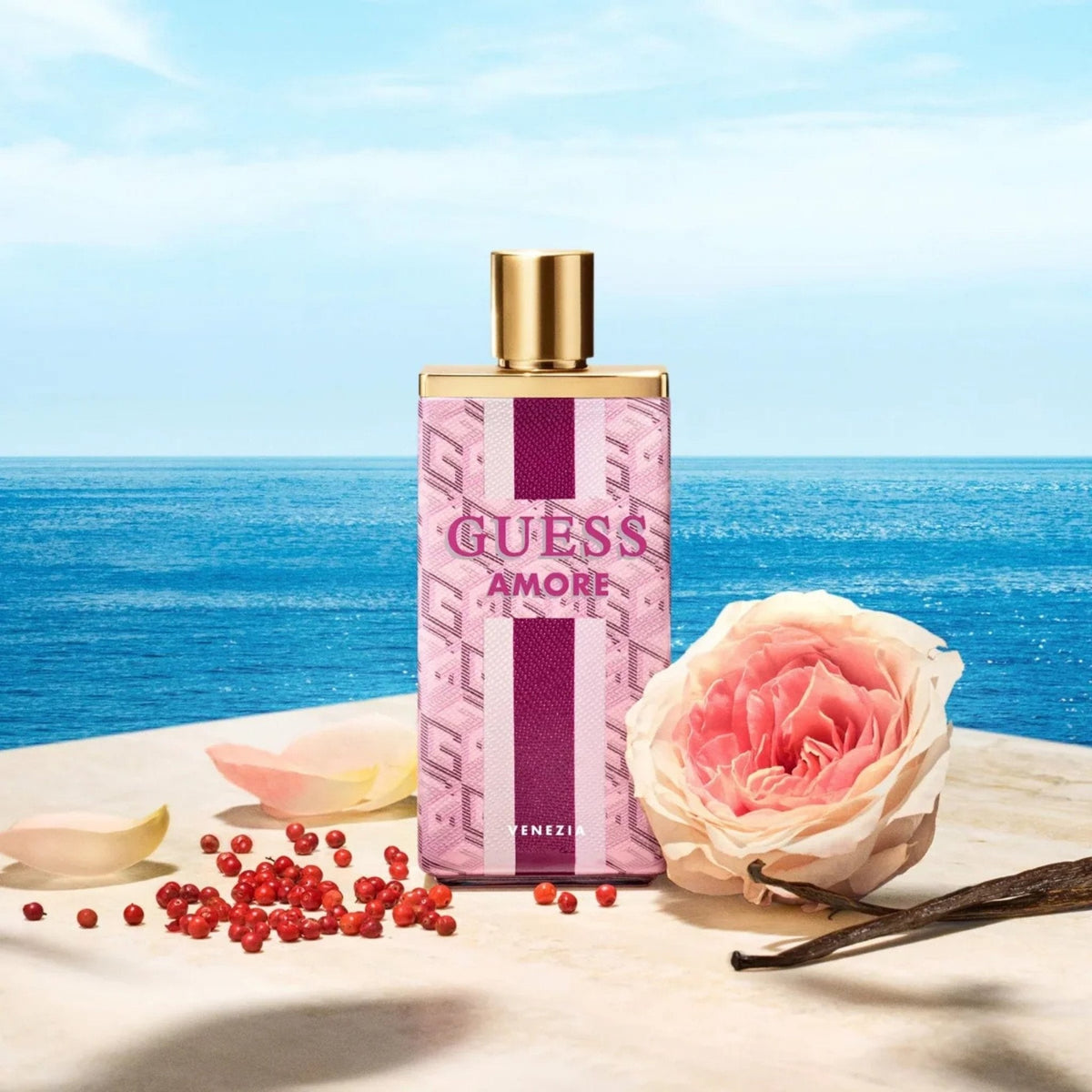 Refect Beauty Guess Amore Venezia perfume bottle with pink floral pattern, rose, pink peppercorns, and vanilla bean.