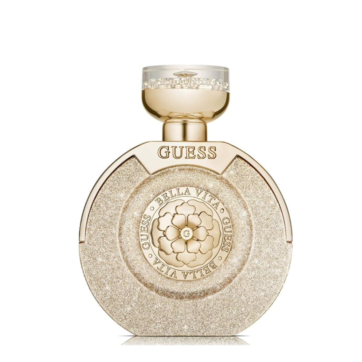 Refect Beauty Guess Bella Vita Paradiso eau de parfum in a round, shimmering gold bottle with a floral emblem.