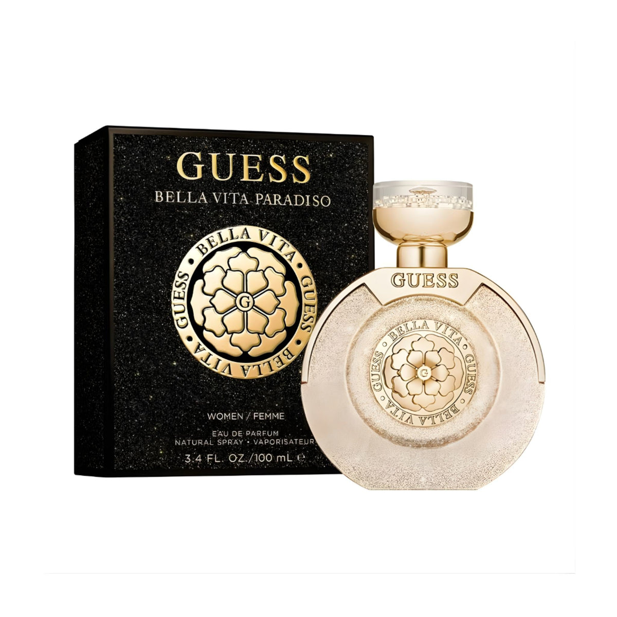 Refect Beauty Guess Bella Vita Paradiso eau de parfum bottle and black glittery box with gold floral emblem