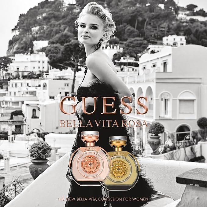 Refect Beauty Guess Bella Vita Rose and Bella Vita perfume bottles featuring a model on a Mediterranean balcony