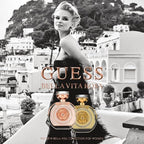Refect Beauty Guess Bella Vita Rose and Bella Vita perfume bottles featuring a model on a Mediterranean balcony