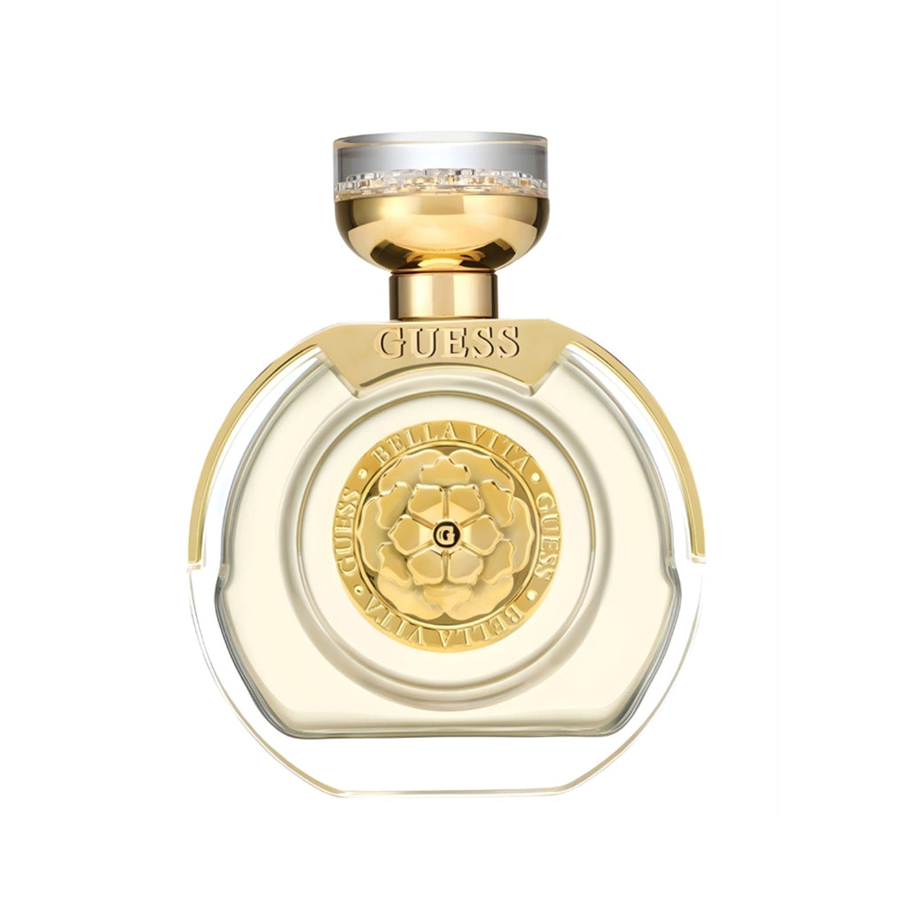 Refect Beauty Guess Bella Vita Eau De Parfum in a round glass bottle with a gold floral emblem and cap.