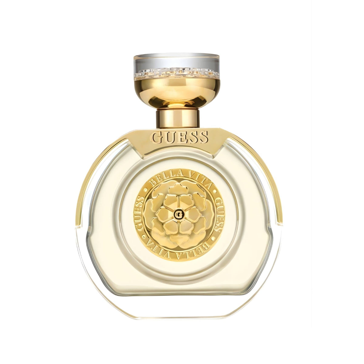 Refect Beauty Guess Bella Vita Eau De Parfum in a round glass bottle with a gold floral emblem and cap.